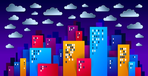 City houses buildings in the night with clouds in the sky paper cut cartoon kids game style vector illustration, modern minimal design of cute cityscape, urban life, midnight time.