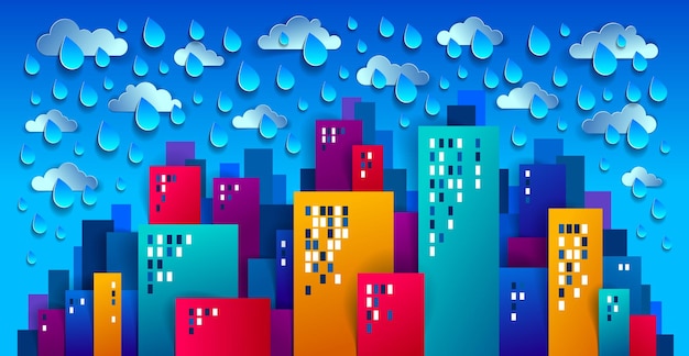 City houses buildings under rain paper cut cartoon kids game style vector illustration, modern minimal design of cute cityscape, urban life, clouds and rain in sky.