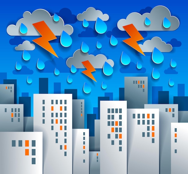 Vector city houses buildings under thunderstorm and lightning paper cut cartoon kids game style vector illustration, modern minimal design of cute cityscape, urban life, clouds and rain in sky.