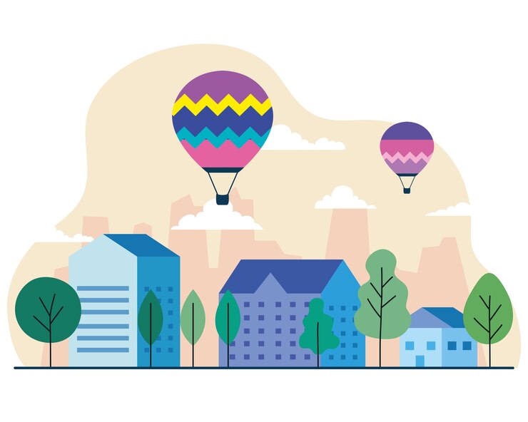 Vector city houses with hot air balloons trees and clouds design, architecture and urban theme