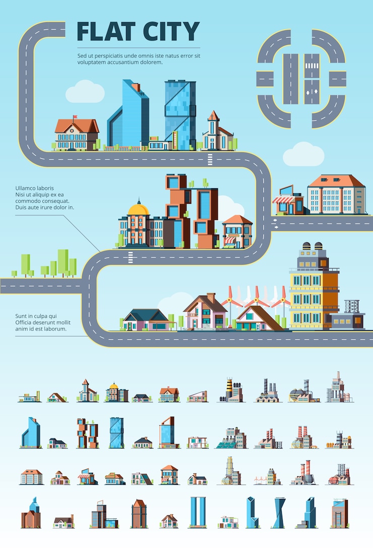 Vector  city infographic. cityscape municipal buildings urban road architectural elements creation kit