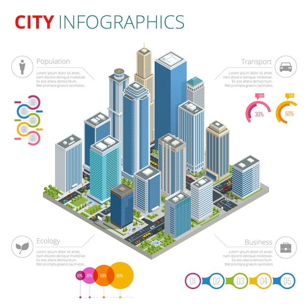 Vector city infographics. isometric vector city with skyscrapers, streets and vehicles, commercial and business area infographic with graphs, icons and diagrams.