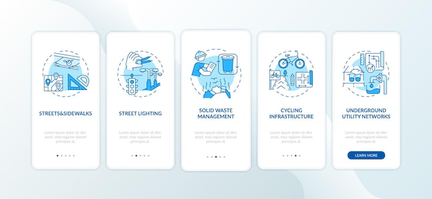 Schermata della pagina dell'app mobile di onboarding blu dell'infrastruttura della città con concetti