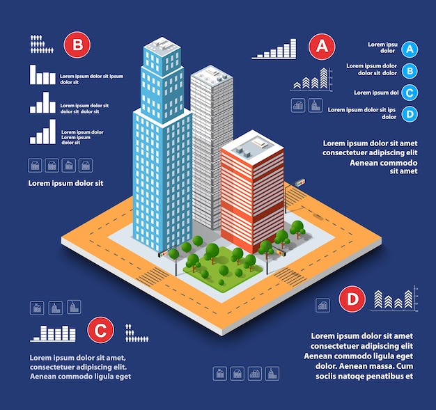 Vector city isometric concept of urban infrastructure business