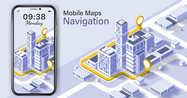 City isometric plan with road and buildings on smart phone