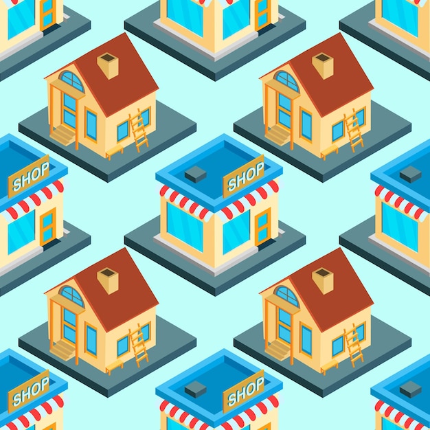 City isometric seamless pattern of the house repetitive background