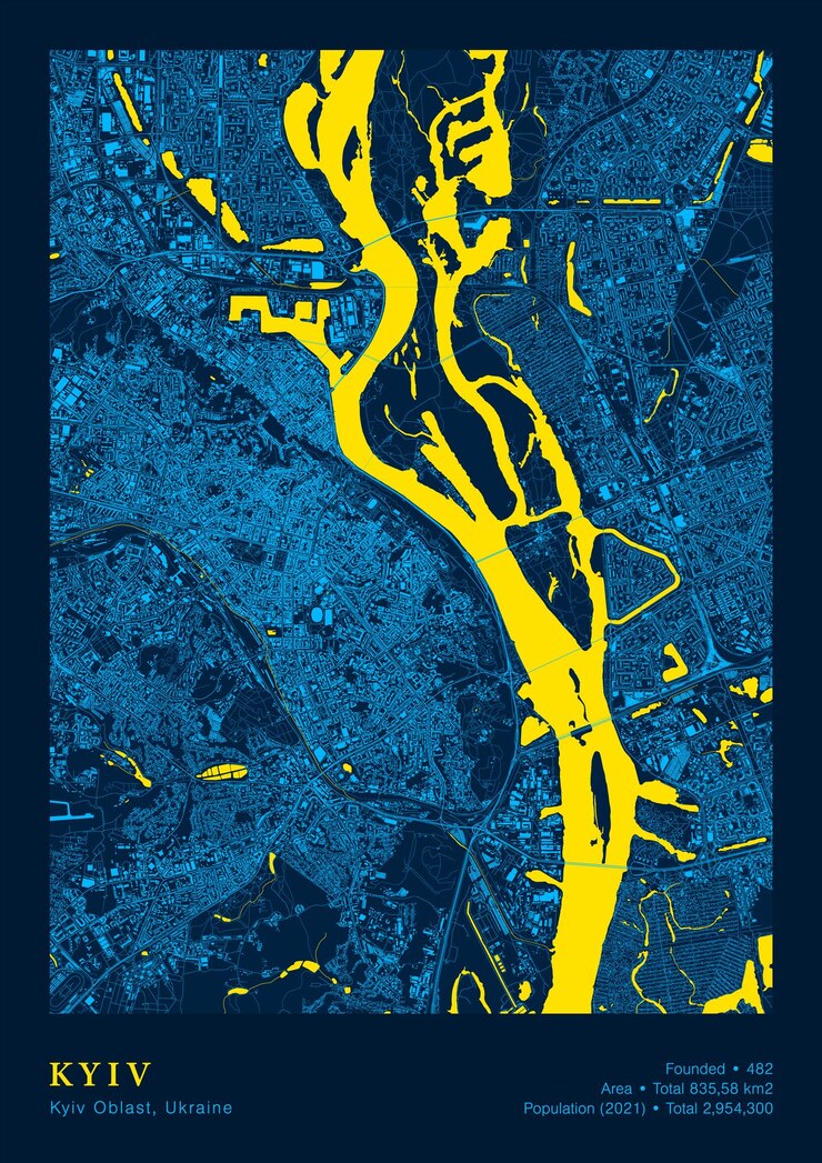 Vector city kyiv map vector poster high detailed map in national yellow blue colours