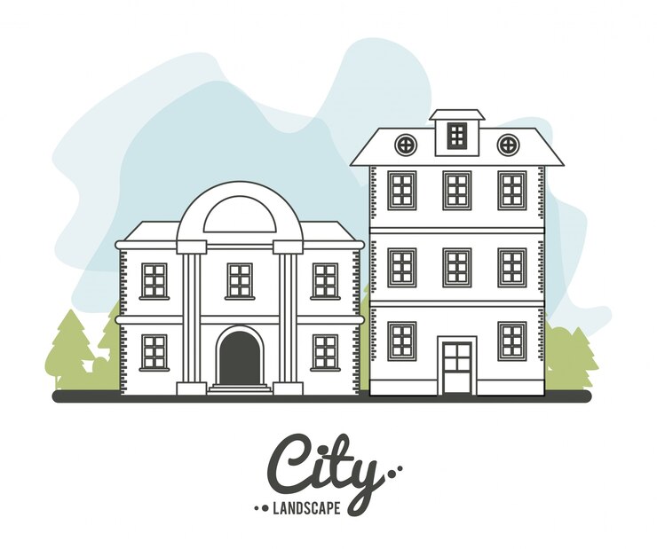 Vector city landscape bank and classic house story line