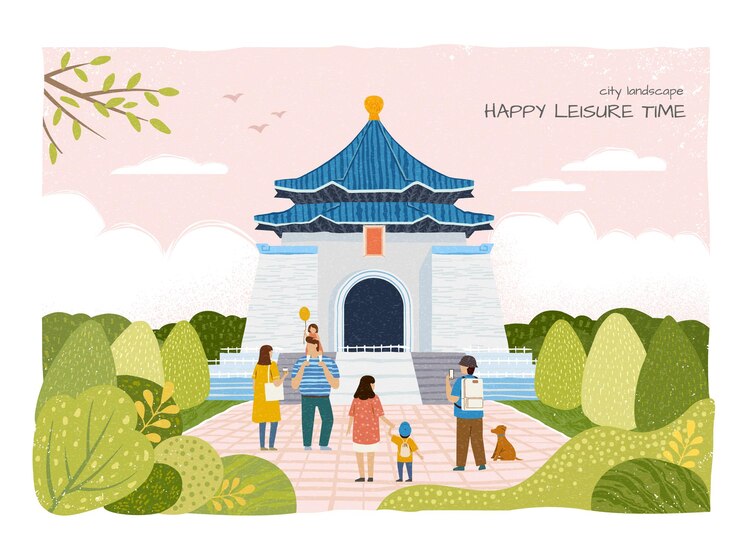 Vector city landscape chiang kai shek memorial hall touring illustration taiwan travel concept