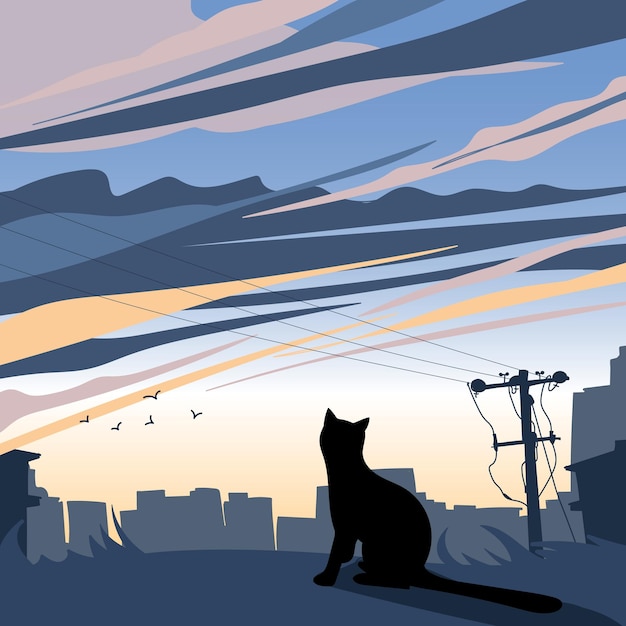 Vector city landscape and cute cat vector background