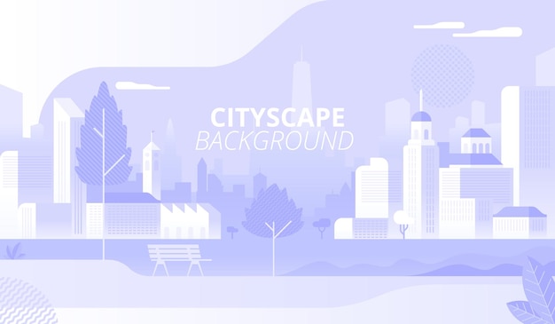 City landscape decorative background design. Modern cityscape, urban architecture banner template. Empty park with no people. Scenic view with buildings and trees vector illustration with typography