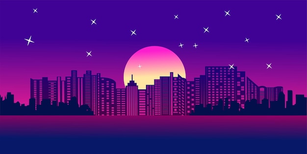 Vector city landscape flat design silhouette vector cartoon illustration night with moon and stars