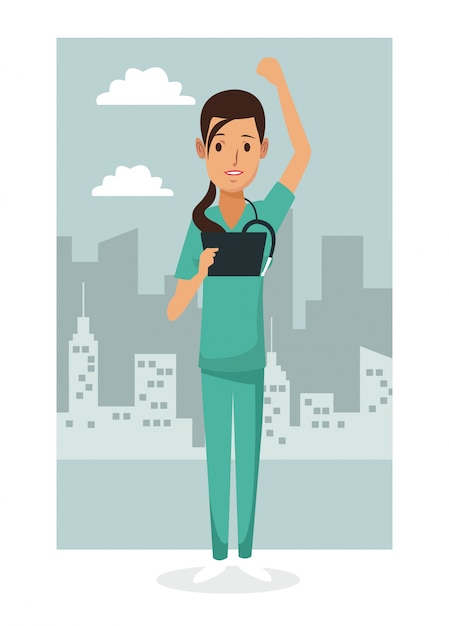  city landscape frame background with colorful full body nurse female