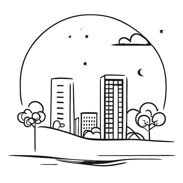 Città paesaggio illustrazione vettoriale doodle line art