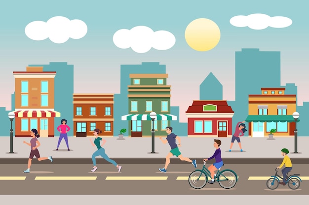 City landscape vector illustration Sports activities in the city Car Free Day People doing sports outside