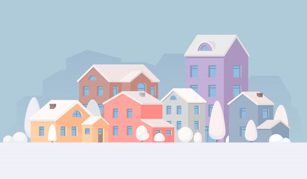 City landscape in the winter. Town. Houses and trees in the snow