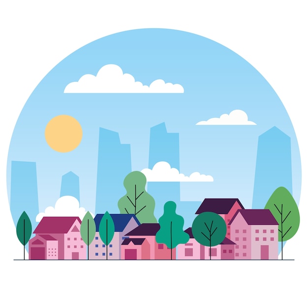 Vector city landscape with houses trees clouds and sun design, architecture and urban theme