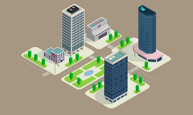 city layout with offices skyscrapers isometric illustration