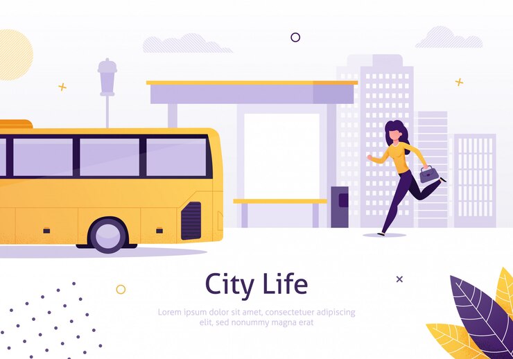 Vector city life with girl running for bus near stop.