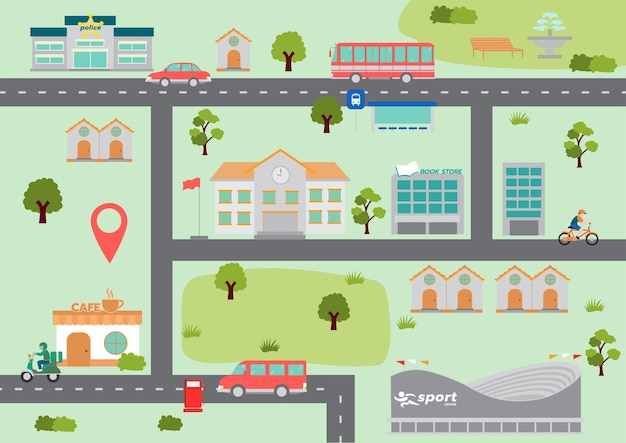 Mappa della posizione della città con strade ospita parcheggi ed edifici