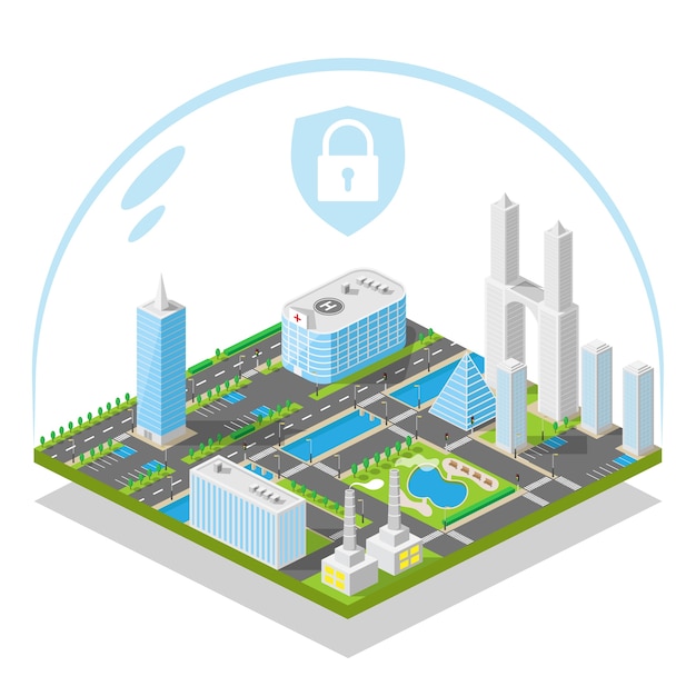 City lockdown with people and shutdown public transportation in modern isometric style