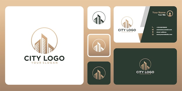 Design del logo della città con edificio e biglietto da visita