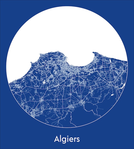 Mappa della città di algeri algeria africa stampa blu rotondo cerchio illustrazione vettoriale