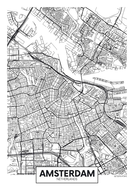 アムステルダムの都市地図 都市の川と通りの詳細な計画の旅行ベクトルポスターデザイン