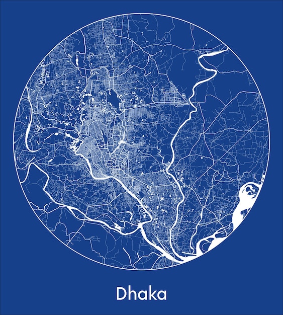 Mappa della città dhaka bangladesh asia stampa blu rotondo cerchio illustrazione vettoriale