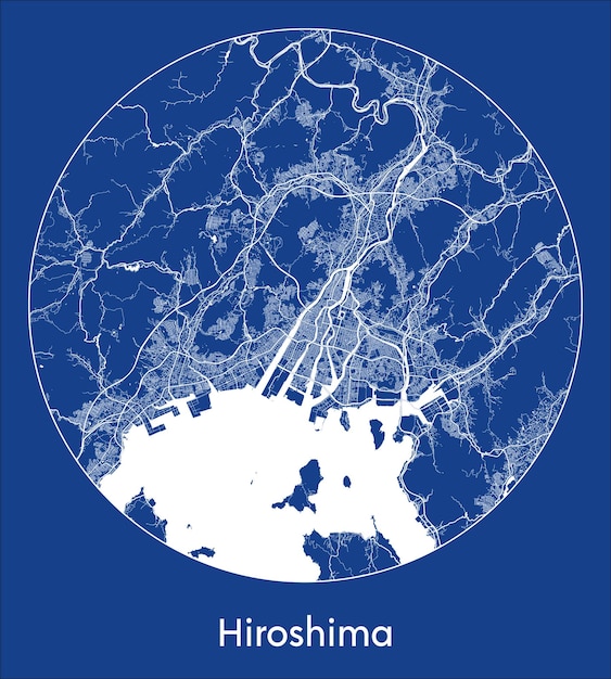 Карта города Хиросима, Япония, Азия, синяя печать, круглая векторная иллюстрация круга
