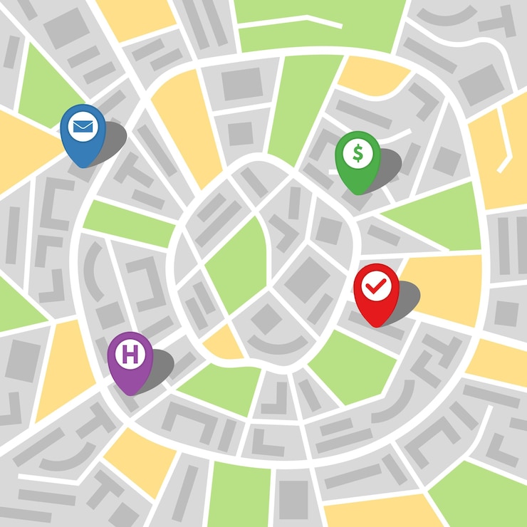 Vector city map of an imaginary city with four pins. vector illustration.