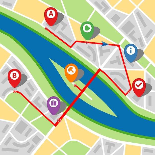 Vector city map of an imaginary city with a river and multistop route vector illustrationxa