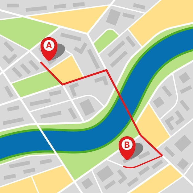 City map of an imaginary city with a river and route from point A to point B. Vector illustration.