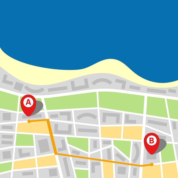 City map of an imaginary city with sea and route from point a to point b. vector illustration