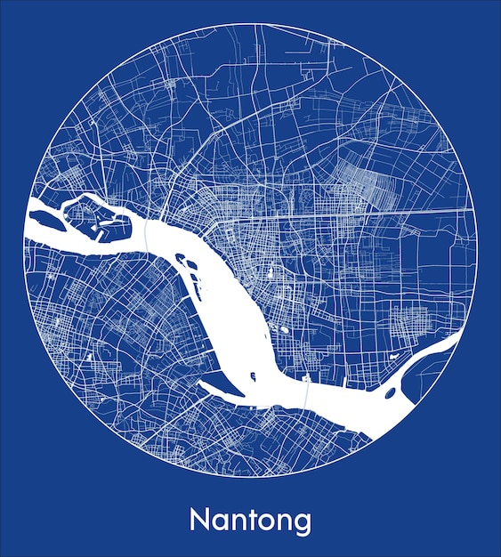 City map nantong china asia blue print round circle vector illustration