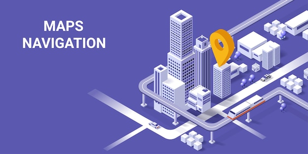 City map route navigation online with point locator city isometric plan with road and buildings gps world map city landmarks isometric smart city concept 3d vector illustration