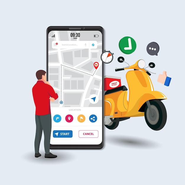 Mappa della città navigazione del percorso smartphone freccia destinazione cartacea mappa della città con uomo vedere punto di controllo del percorso