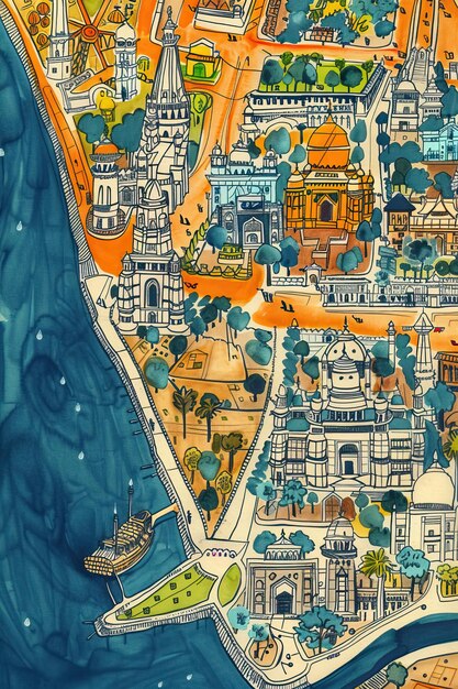 Vettore mappa della città top mappa di viaggio in stile sketchnote famosa
