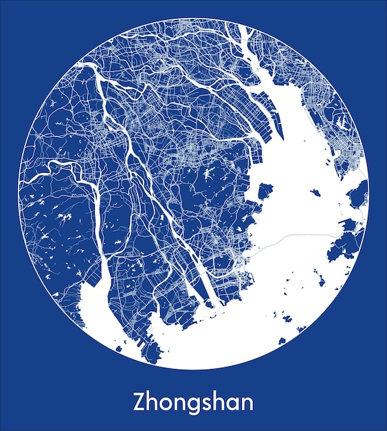 Vettore mappa della città zhongshan cina asia stampa blu cerchio rotondo illustrazione vettoriale