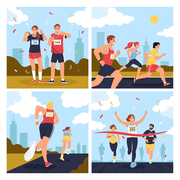 Vector city marathon illustrations in flat design