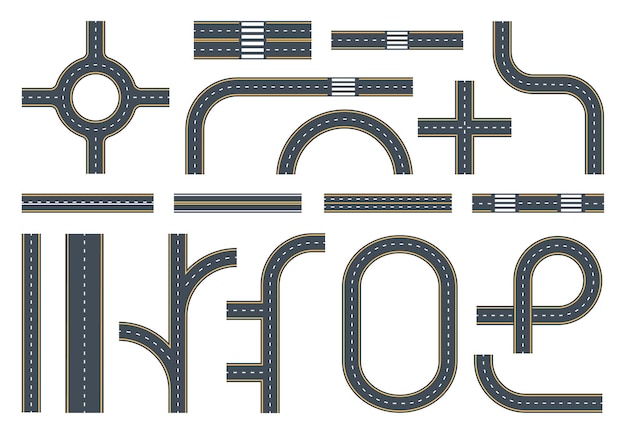 도시 표시 도로 및 교차로 아스팔트 도로 고속도로 거리 도로 트위스트 및 교통 원 고속도로 도시 지도 평면 벡터 일러스트 레이 션 세트 고속도로 도로 표시