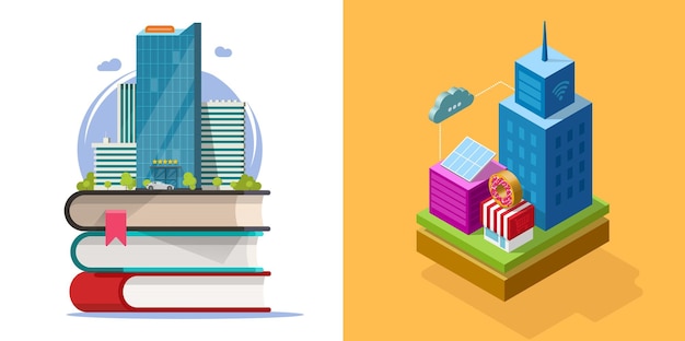 City modern smart 3d and flat icon graphic future technology education eco town isometric