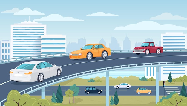 City moderntraffic cars road and cityscape illustration