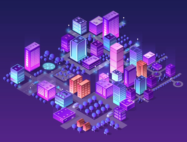 Vector city night 3d illustration neon ultraviolet of urban infrastructure