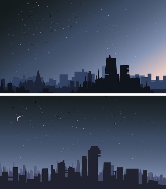 Vector city in the night. set of beautiful urban scenery.