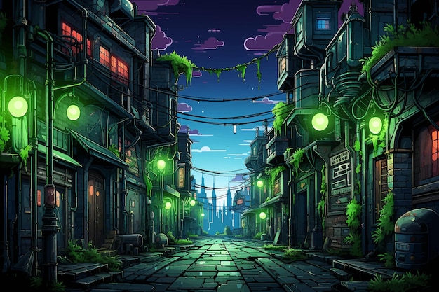 Vettore la città di notte nello stile dell'opera d'arte cyberpunk