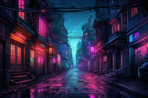 La città di notte nello stile dell'opera d'arte cyberpunk