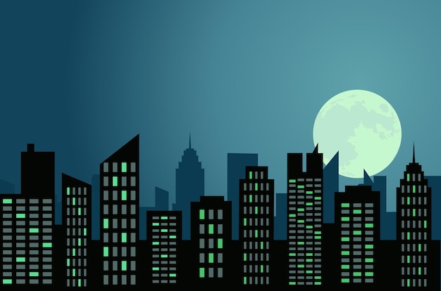 City at night with full moon.