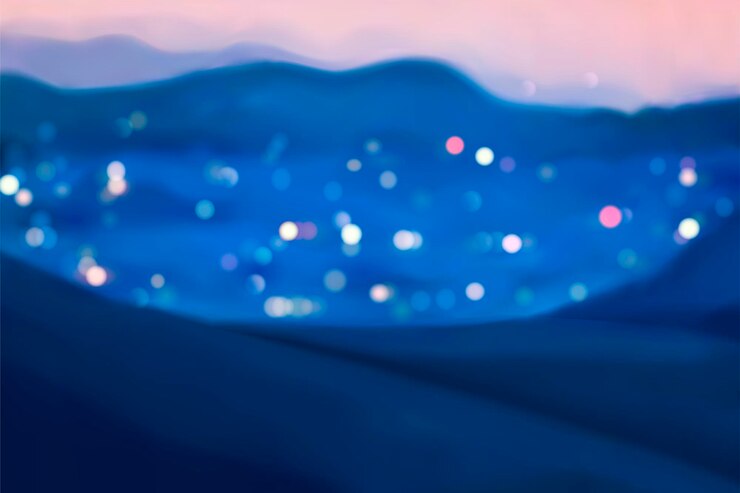 Vector city at night with mountain surrounded, blurred lights at night