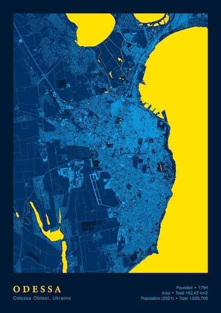 Città di odesa ucraina poster vettoriale mappa altamente dettagliata nei colori della bandiera blu nazionale patriottica il sistema di trasporto cittadino di odessa include una mappa raggruppata con edifici, strade e oggetti d'acqua